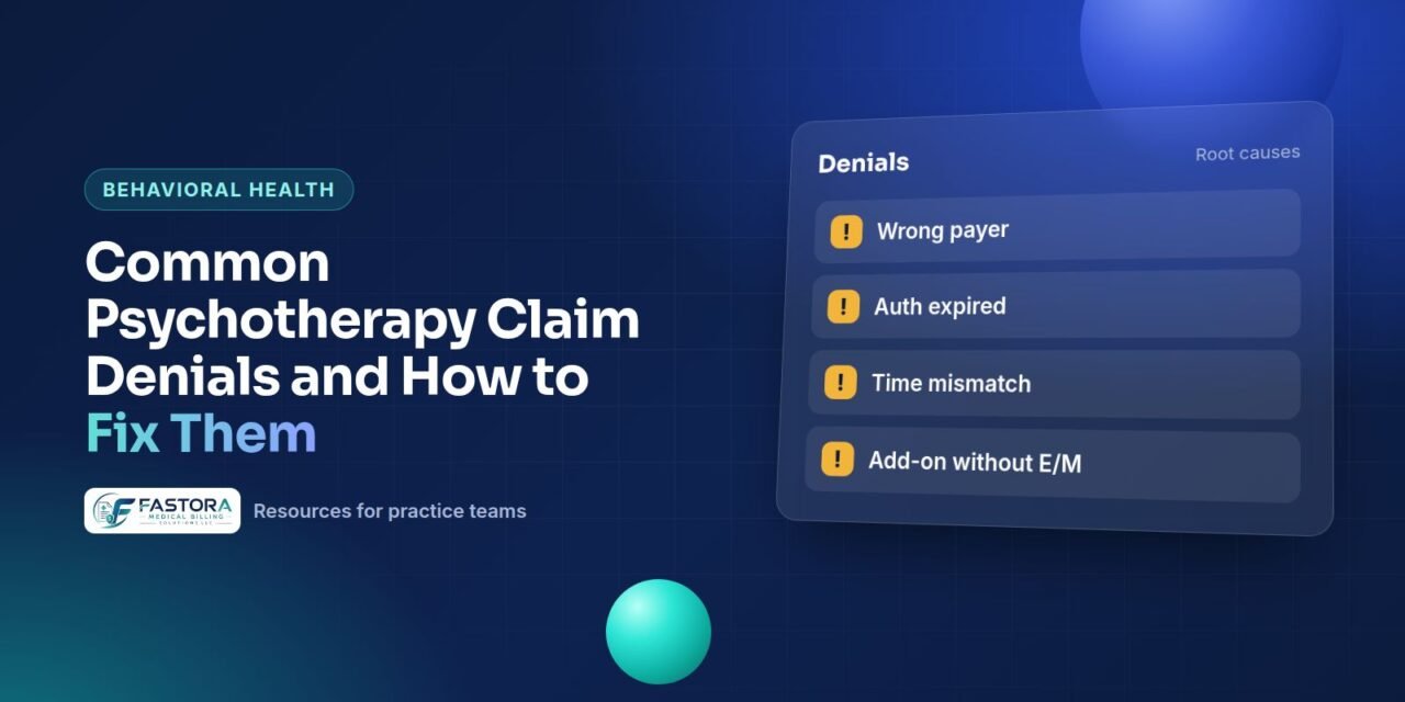 Illustration for the Fastora guide: Common Psychotherapy Claim Denials and How to Fix Them