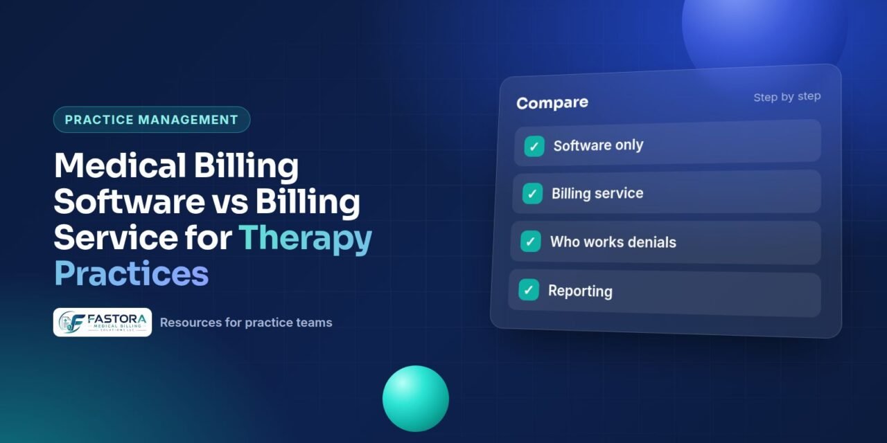 Illustration for the Fastora guide: Medical Billing Software vs Billing Service for Therapy Practices