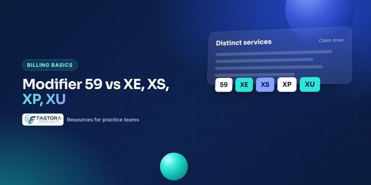 Illustration for the Fastora guide: Modifier 59 vs XE, XS, XP, XU
